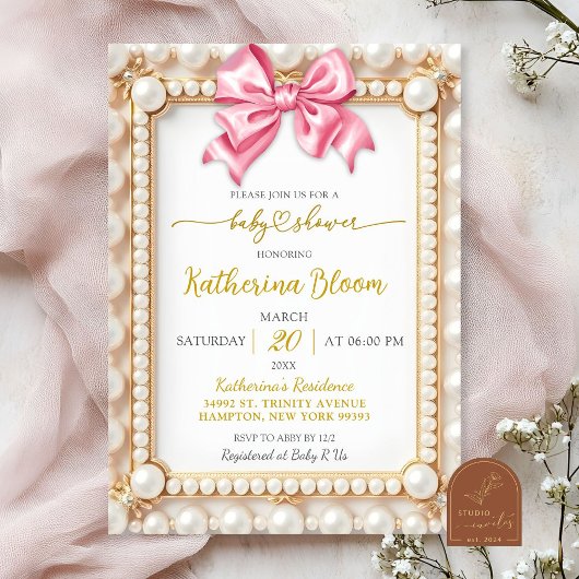 Roze lint baby shower met parels kaart