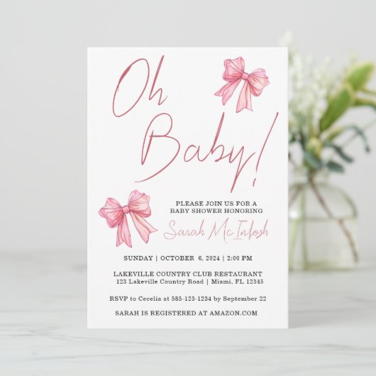 Roze lint baby shower uitnodiging (Staand voorkant)