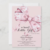 Roze lint baby shower uitnodiging met blozende tin (Voorkant)