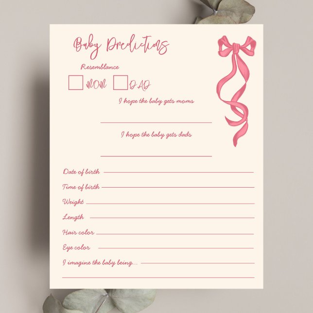 Roze lint baby voorspelling en advies spelkaart (Pink ribbon baby prediction and advice game card baby shower games scribble hand drawn vintage bow )