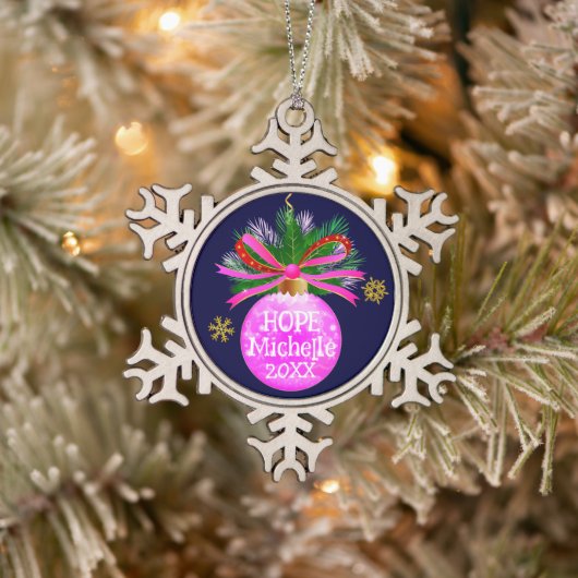 Roze lint Bauble Tin Sneeuwvlok Ornament (Boom)