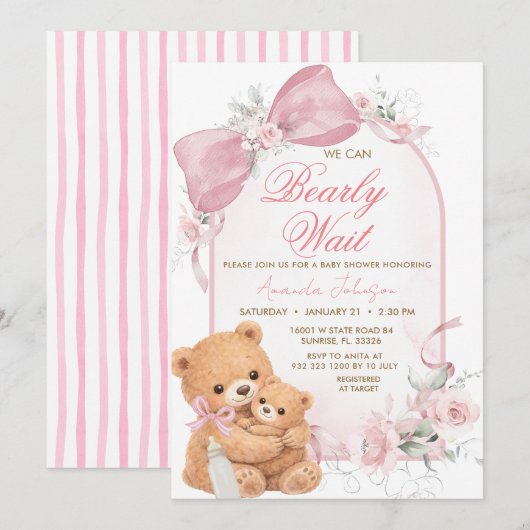 Roze lint Berly Wacht Baby Shower Uitnodiging (Voorkant / Achterkant)