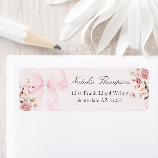 Roze lint bloem sticker met retouradres (Insitu)