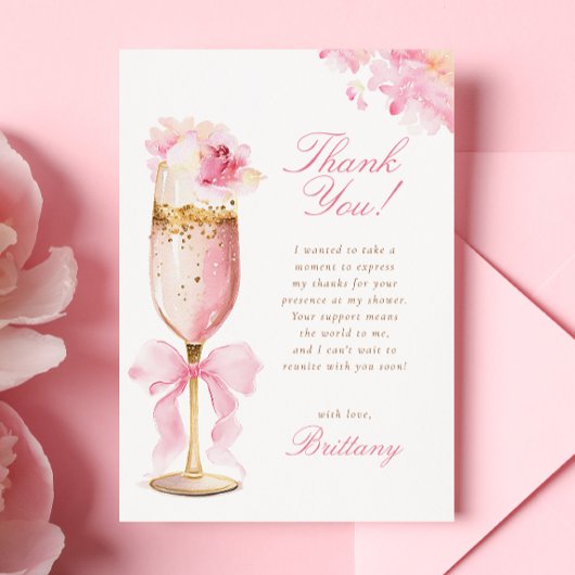 Roze lint bloemblaadjes Prosecco Bruidsdiner Bedankkaart