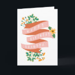 Roze lint & bloemen Happy Birthday Oma Kaart<br><div class="desc">Bloemen verjaardagskaart voor oma met "gelukkige verjaardag oma" geschreven in het wit over een roze lint versierd met gele bloemen en groen.</div>