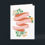 Roze lint & bloemen Happy Birthday Oma Kaart<br><div class="desc">Bloemen verjaardagskaart voor oma met "gelukkige verjaardag oma" geschreven in het wit over een roze lint versierd met gele bloemen en groen.</div>