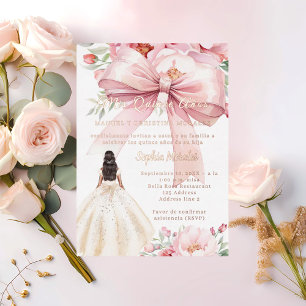 Roze lint bloemen jurk roosgoud Quinceanera Folie Uitnodiging