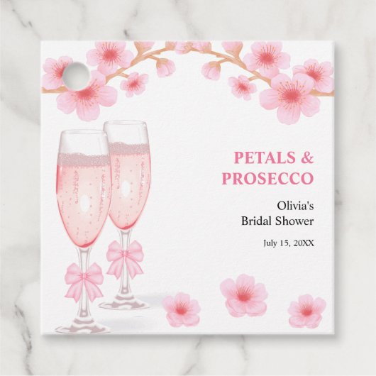 Roze lint bloemenblaadjes en Prosecco Bruidsdiner  Bedankjes Labels (Voorkant)