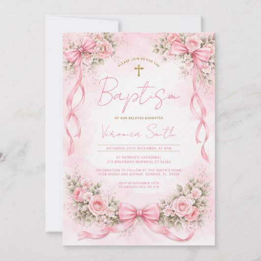 Roze lint bloemendoop uitnodiging voor meisje (Voorkant)
