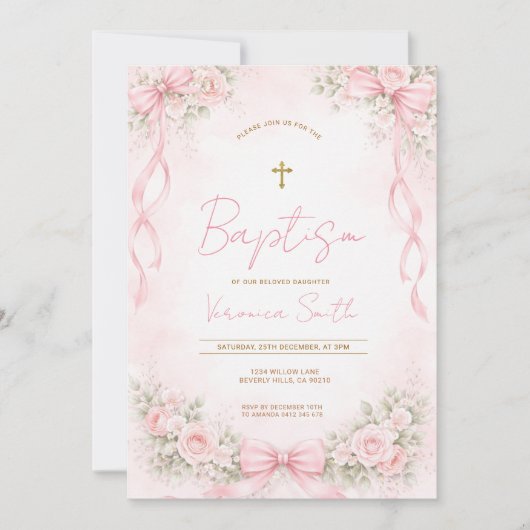 Roze lint bloemendoop voor meisje kaart (Voorkant)