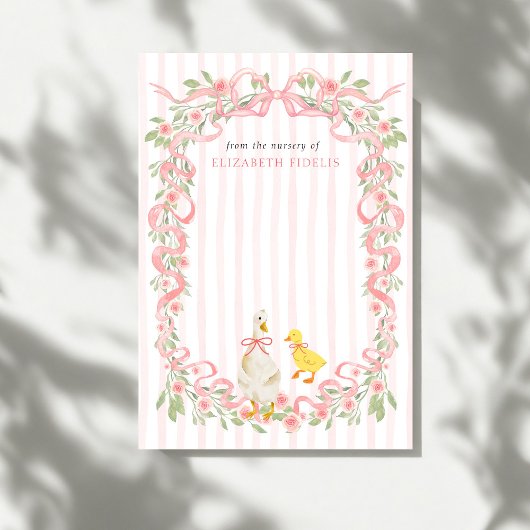 Roze Lint Bloemengans Babyshower Bedankkaart