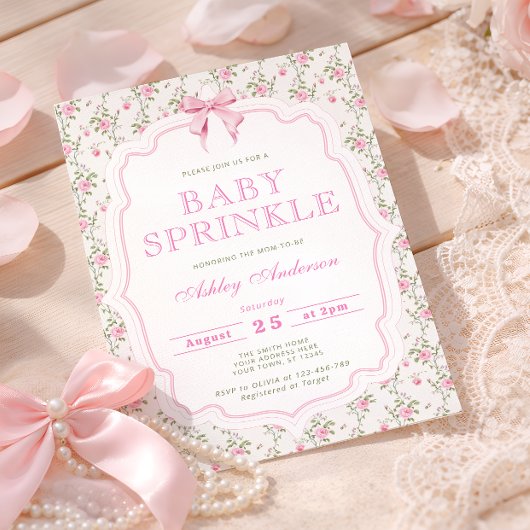 Roze lint bloemensproeier babyborrel kaart