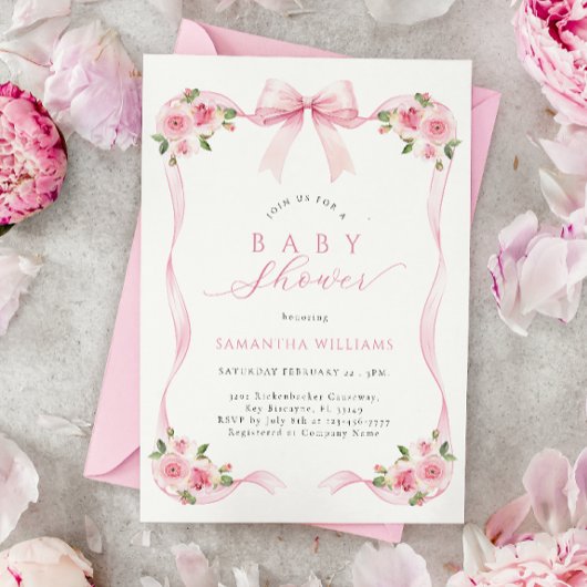 Roze lint bloemige baby shower uitnodiging