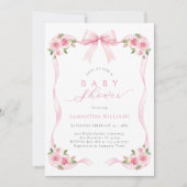 Roze lint bloemige baby shower uitnodiging (Voorkant)