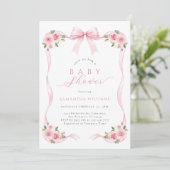 Roze lint bloemige baby shower uitnodiging (Staand voorkant)