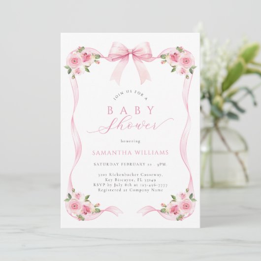 Roze lint bloemige baby shower uitnodiging (Staand voorkant)