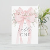 Roze lint bloemige doop tafelnummer met strik (Staand voorkant)