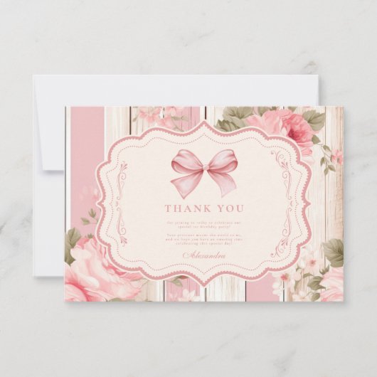 Roze lint bloemige fancy EEN meisje 1e verjaardag Bedankkaart (Voorkant)