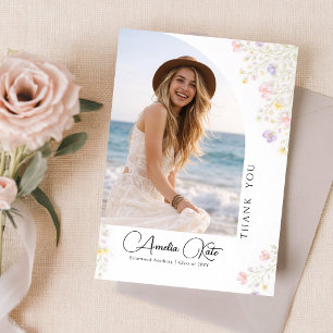 Roze lint bloemige foto afstudeer bedankje briefkaart