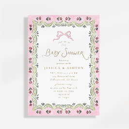 Roze lint bloemige gegolfde rand baby shower uitno kaart