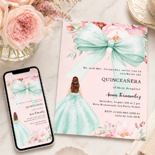 Roze lint bloemige salie groene jurk Quinceanera Kaart