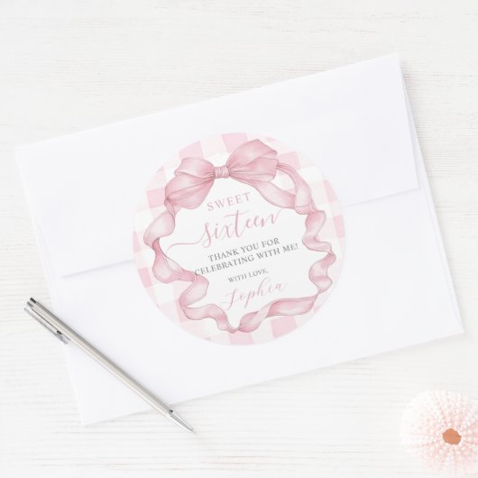  Roze Lint Bogen Sweet Sixteen 16 Verjaardag Ronde Sticker (Envelop)