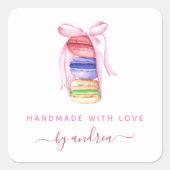 Roze lint Boog Macarons Franse Bakkerij Handgemaak Vierkante Sticker (Voorkant)