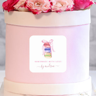 Roze lint Boog Macarons Franse Bakkerij Handgemaak Vierkante Sticker