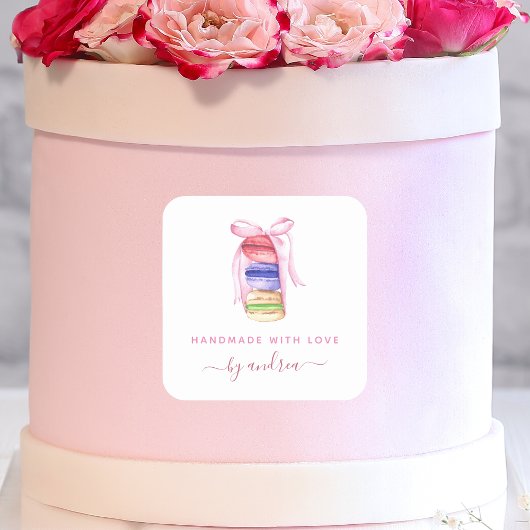 Roze lint Boog Macarons Franse Bakkerij Handgemaak Vierkante Sticker