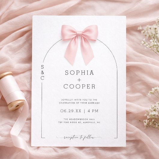 Roze Lint Boog Moderne Serif Trouw Uitnodiging