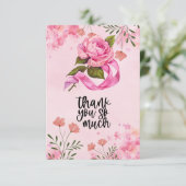 Roze lint Borstkanker Bewustzijn met bloemen Bedankkaart (Staand voorkant)