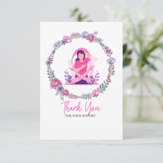 Roze lint Borstkanker Bewustzijn met bloemen Bedankkaart (Staand voorkant)
