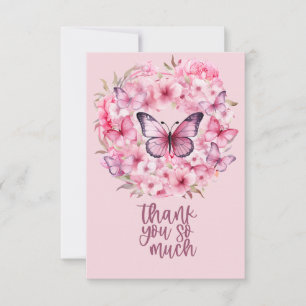 Roze lint borstkanker bewustzijn met bloemen bedankkaart