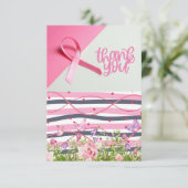 Roze lint Borstkanker Bewustzijn met bloemen Bedankkaart (Staand voorkant)