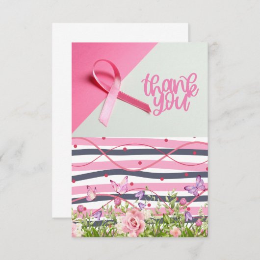 Roze lint Borstkanker Bewustzijn met bloemen Bedankkaart (Voorkant / Achterkant)