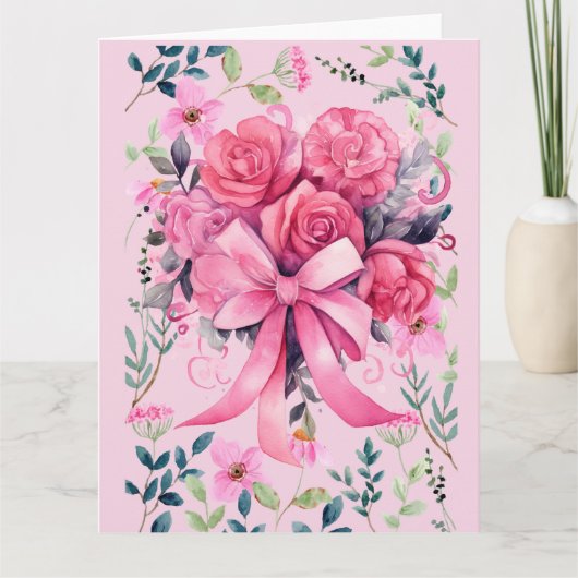 Roze Lint Borstkanker Bewustzijn met bloemen Kaart (Voorkant)