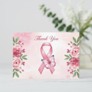 Roze lint borstkankerbewustzijn met bloemen bedankkaart