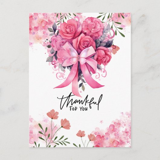 Roze Lint Borstkankerbewustzijn met Bloemen Briefkaart (Voorkant)