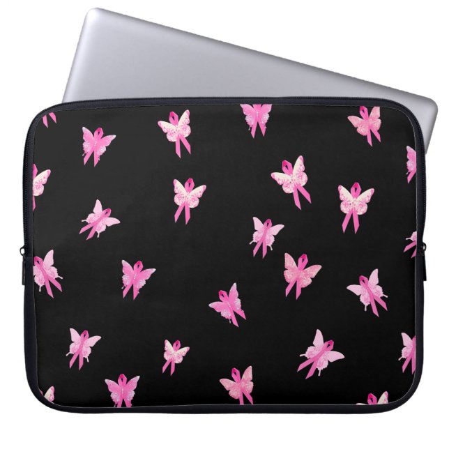 Roze lint-borstkankervoorlichting Butterflies Laptop Sleeve (Voorkant)