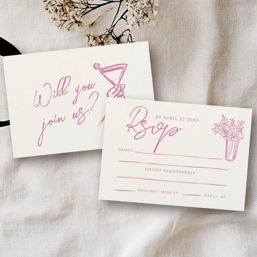 Roze Lint Bow Coquette Stijlvolle Trendy Wedding RSVP Kaartje