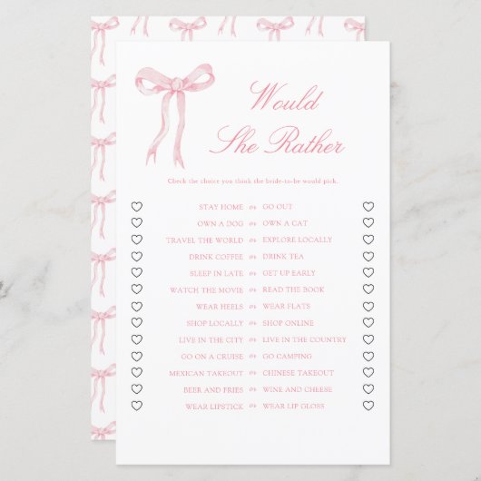 Roze lint bruiloft feest Would She Rather spel (Voorkant / Achterkant)