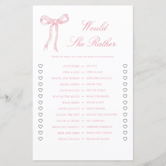 Roze lint bruiloft feest Would She Rather spel (Voorkant)