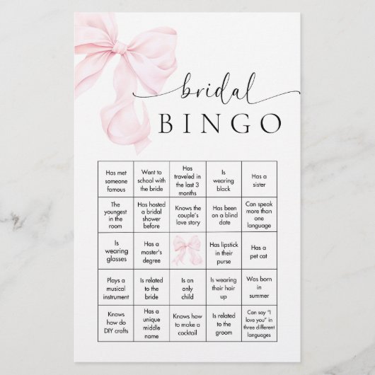 Roze Lint Bruiloftsspel Bingo Briefpapier (Voorkant)
