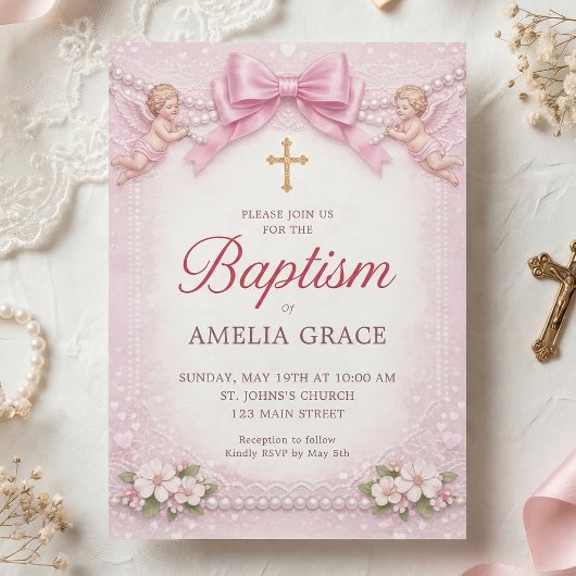 Roze Lint Cherub Doop Bloemen Frame Kaart