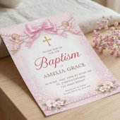 Roze Lint Cherub Doop Bloemen Frame Kaart
