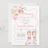 Roze lint Coquette Bloemblaadjes en Prosecco Kaart (Voorkant)