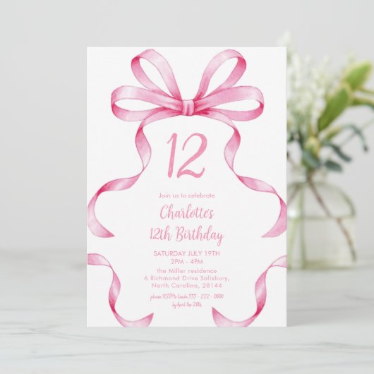 Roze Lint Coquette Strik 12e Verjaardagsuitnodigin Kaart (Staand voorkant)