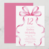 Roze Lint Coquette Strik 12e Verjaardagsuitnodigin Kaart (Voorkant / Achterkant)