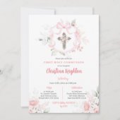 Roze Lint Crest Meisje Eerste Heilige Communie Kaart (Voorkant)