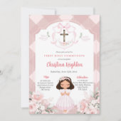 Roze Lint Crest Meisje Eerste Heilige Communie Kaart (Voorkant)